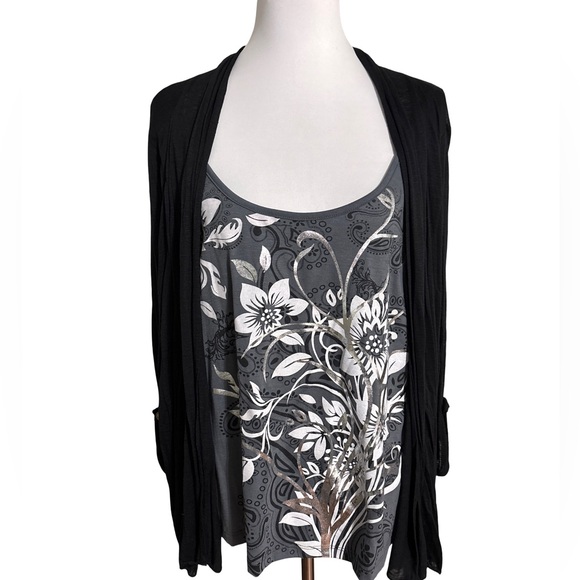 Lavish Sweaters - Lavish Black Gray Floral Cardigan and Top Women's